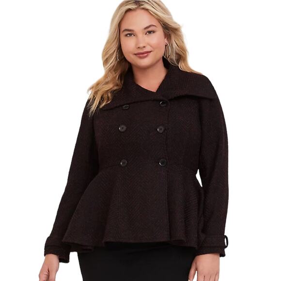 Torrid NWT Wool Fit And Flare Coat Marled Burgundy Black Peacoat Peplum Size 6X - Picture 3 of 7